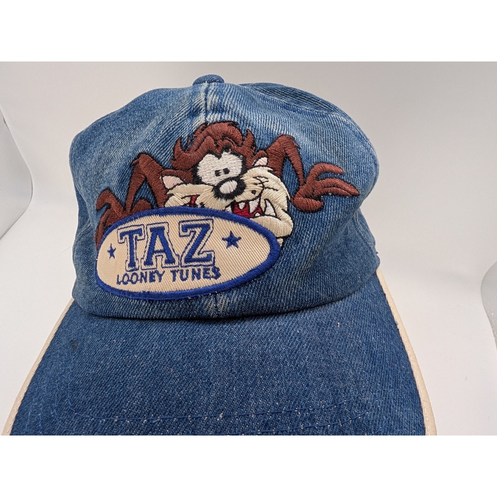 Vintage 1999 Looney Tunes Taz Denim Fitted Hat Elastic Back Rare Blue Jeans Cap